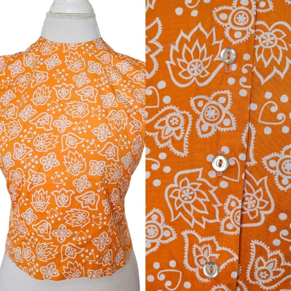 Vintage 60s Orange Floral Mod Sleeveless Blouse Size 6 8 Buttons Down Back‎